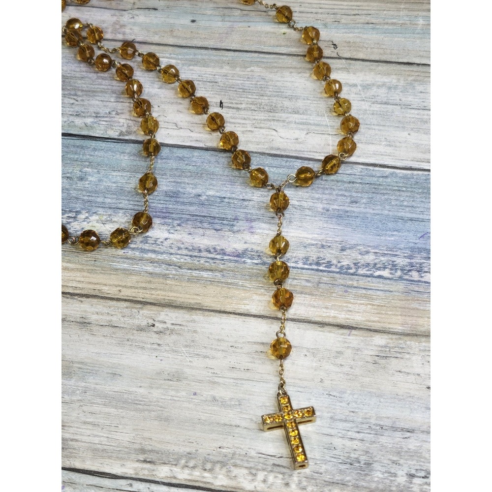 Cross Gold‎ tone Amber  Beads Rosary Necklace